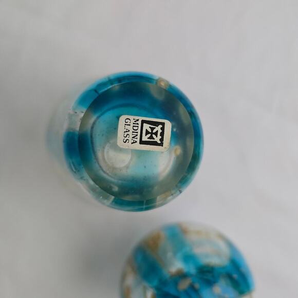Mdina Two Mini Glass Vases Maltese Art Crystal Blue Stripe Crizzle 1970's MCM - Picture 12 of 16